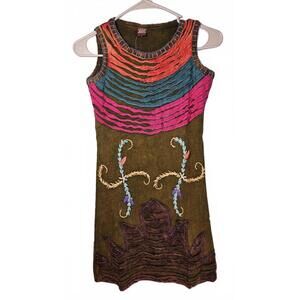 K.P.C. Bohemian Handmade in Nepal Embroidered Green Stonewashed Dress‎ Small